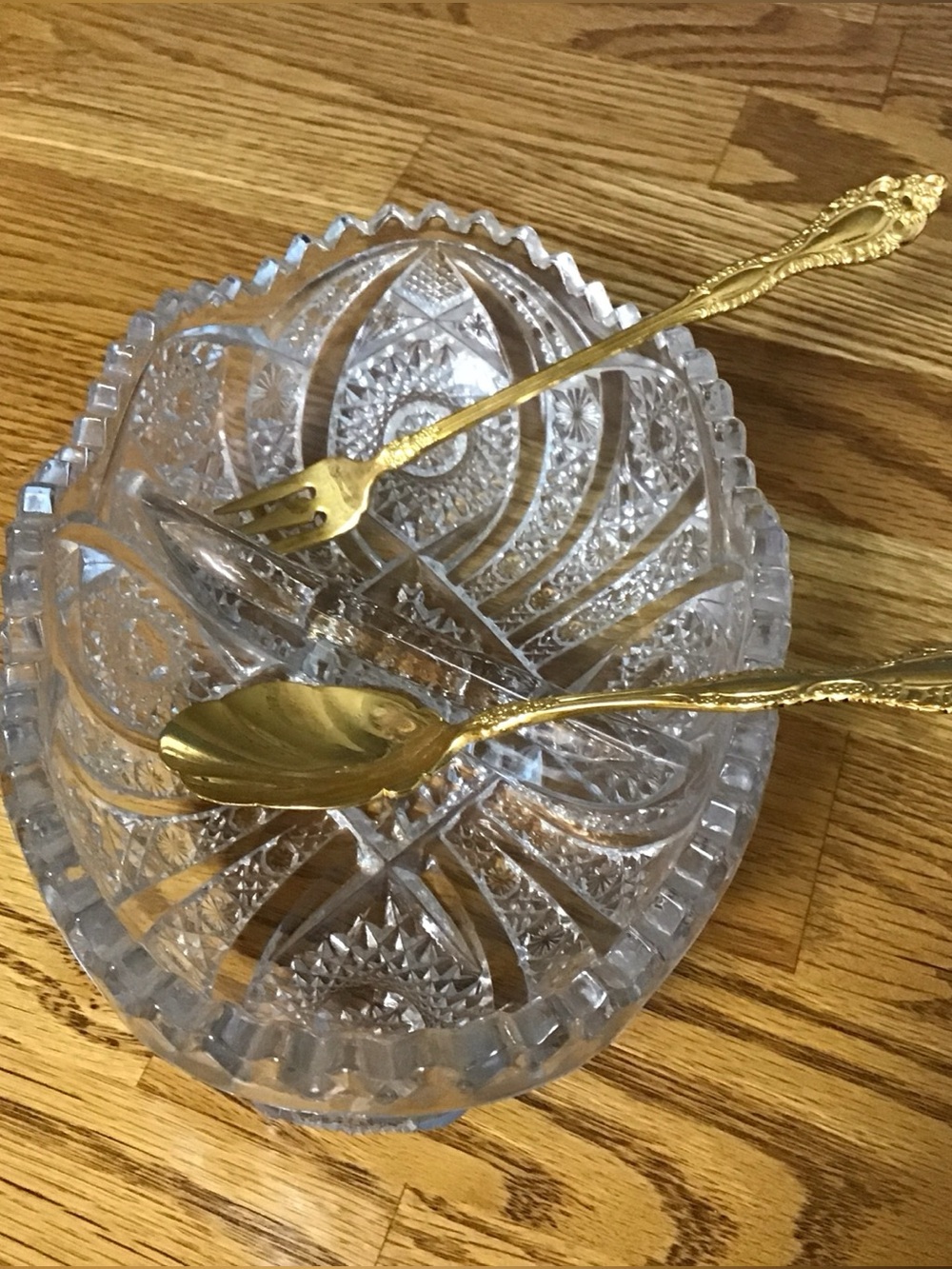 Vintage Crystal Serving Bowl with Gold-Colored Serving Spoon and Fork